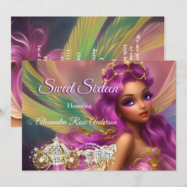 Sweet Sixteen 16th Fairytale Purple Pink Carriage  Invitation (Front/Back)
