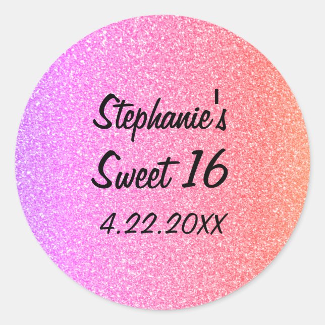 Sweet Sixteen 16th Glittery Pink Birthday Party Classic Round Sticker (Front)