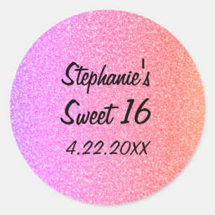 Sweet Sixteen 16th Glittery Pink Birthday Party Classic Round Sticker