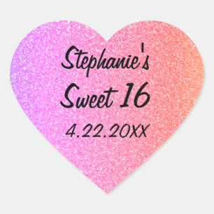 Sweet Sixteen 16th Glittery Pink Birthday Party Heart Sticker