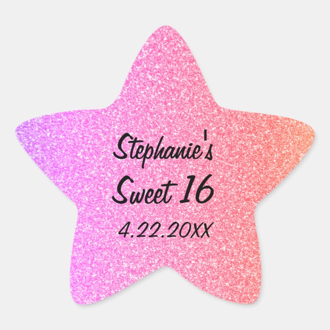 Sweet Sixteen 16th Glittery Pink Birthday Party Star Sticker (Front)