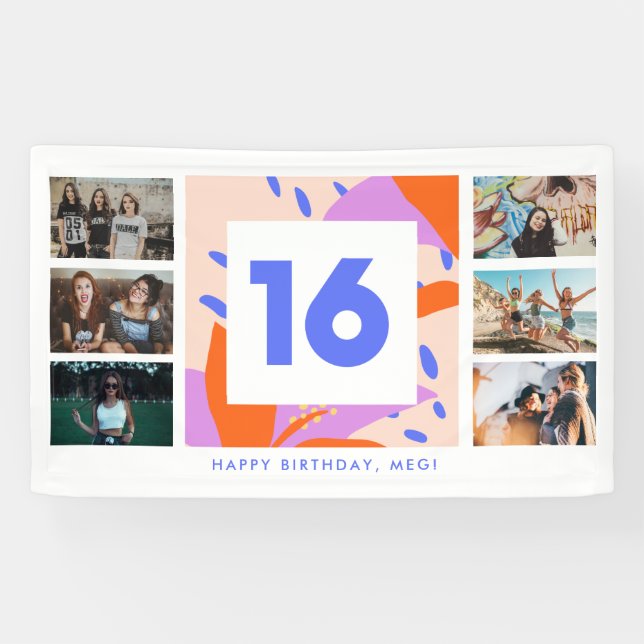 Sweet Sixteen 16th Photo Collage Birthday Party Banner (Horizontal)