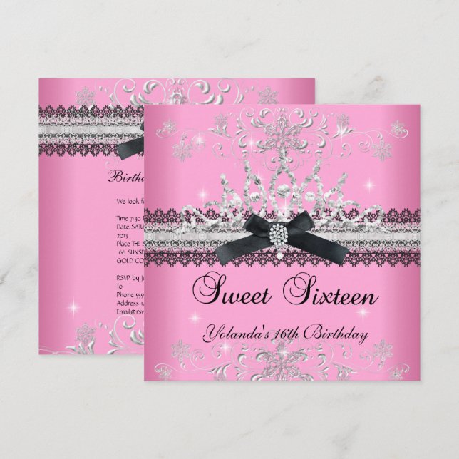Sweet Sixteen 16th Pink Glitter Tiara Black Bow Invitation (Front/Back)