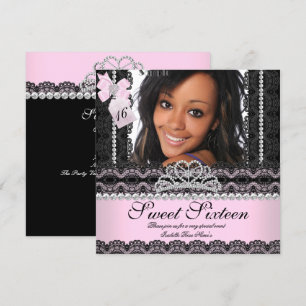 Sweet Sixteen 16th Pink Silver Photo Black Lace Invitation