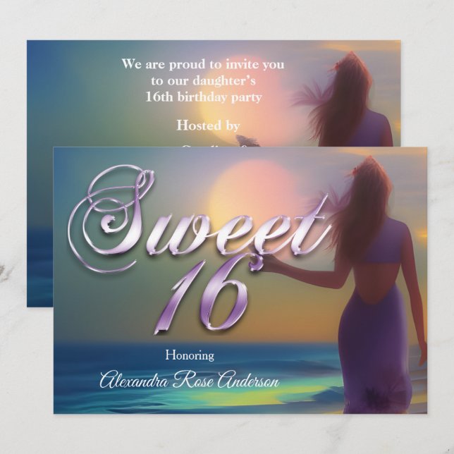 Sweet Sixteen 16th Purple girl on Beach Ocean blue Invitation (Front/Back)