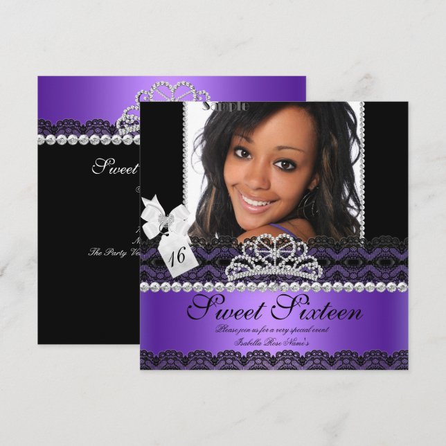 Sweet Sixteen 16th Purple Silver Photo Black Lace Invitation (Front/Back)