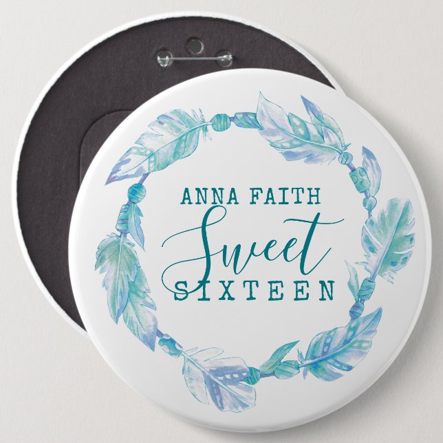 Sweet sixteen aqua feather beads watercolor button (Front & Back)