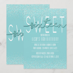 Sweet Sixteen, Aqua Glitter Birthday Invitations