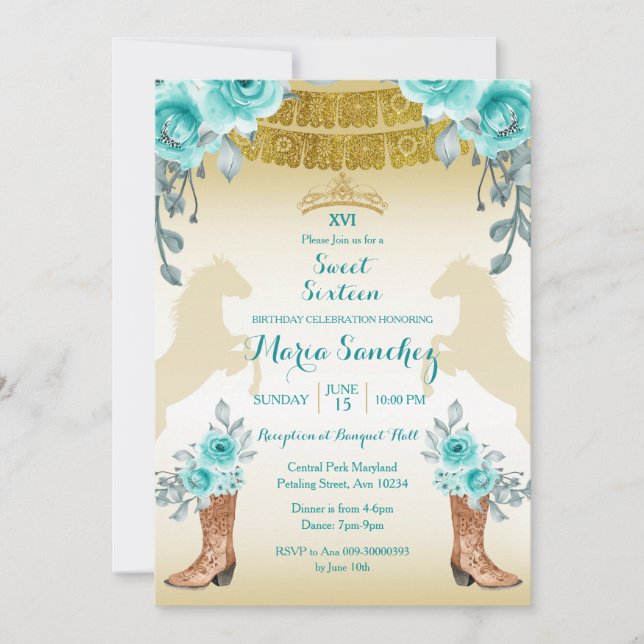 Sweet Sixteen Aqual Teal Turquoise Horse & Boots   Invitation (Front)