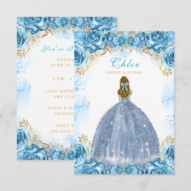 Sweet Sixteen Baby blue Birthday Invitation Card (Front/Back)