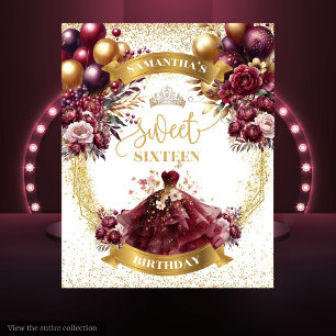 Sweet Sixteen Backdrop Burgundy Balloons Gold Spar Tapestry