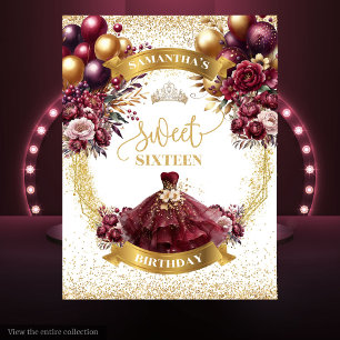 Sweet Sixteen Backdrop Burgundy Gold Balloons Tapestry