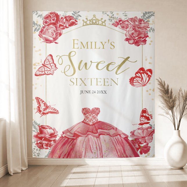 Sweet Sixteen Backdrop Butterfly Red Dress Floral Tapestry (Creator Uploaded)
