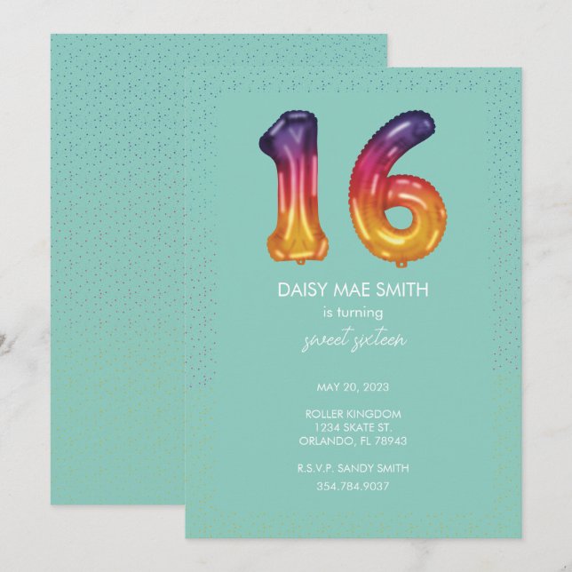 Sweet Sixteen Balloon Birthday Party Invitation (Front/Back)