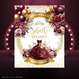 Sweet Sixteen Banner Burgundy Balloons Watercolor Tapestry