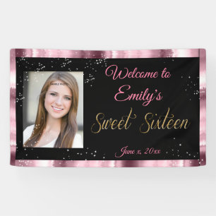 Sweet Sixteen Banner, Pink & Black, Sparkle Stars Banner