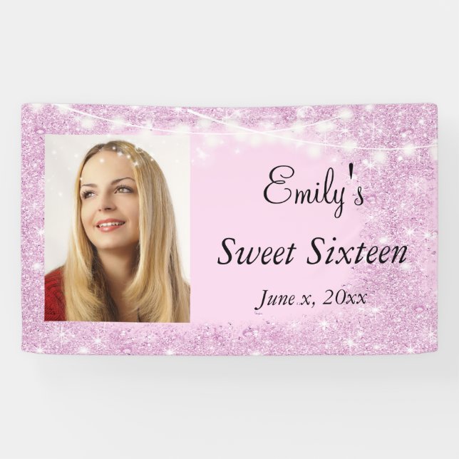 Sweet Sixteen, Bat Mitzvah,  Pink Glitter, Custom Banner (Horizontal)