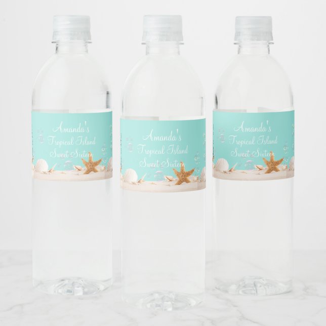 Sweet Sixteen Beach Sand Tropical Island Water Bottle Label (Bottles)