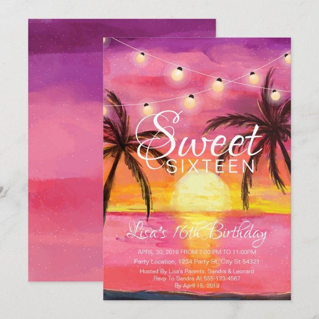 Sweet Sixteen, Beach Sunset Birthday Invitations (Front/Back)