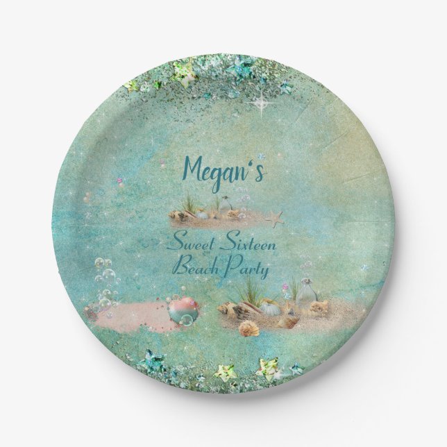 Sweet Sixteen Beach Tropical Seashells & Pearls Paper Plate (Front)