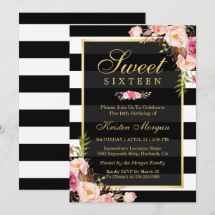 Sweet Sixteen Beautiful Floral Black White Stripes Invitation