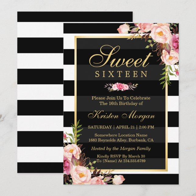 Sweet Sixteen Beautiful Floral Black White Stripes Invitation (Front/Back)
