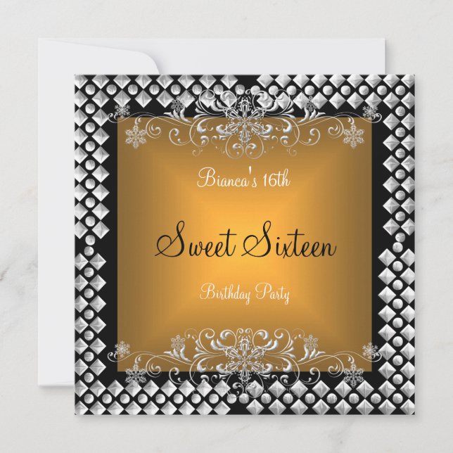 Sweet Sixteen Birthday 16 16th Gold Silver Black Invitation (Front)