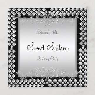 Sweet Sixteen Birthday 16 16th Silver Black Invitation