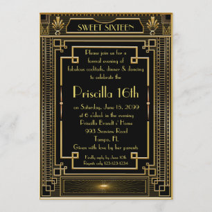 Sweet Sixteen Birthday,16th,Gatsby style,black,Gol Invitation