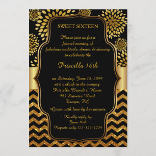 Sweet Sixteen Birthday,16th,Gatsby style,black,Gol Invitation