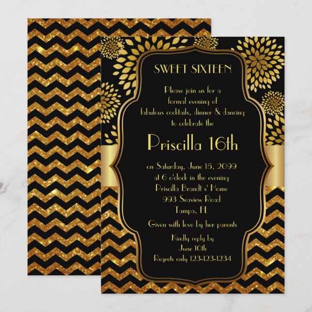 Sweet Sixteen Birthday,16th,Gatsby style,black,Gol Invitation (Front/Back)