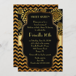 Sweet Sixteen Birthday,16th,Gatsby style,black,Gol Invitation