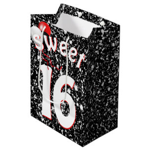 Sweet Sixteen Birthday Balloons on Black Glitter Medium Gift Bag