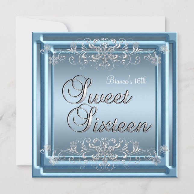 Sweet Sixteen Birthday Blue Silver Teen Girl Invitation (Front)