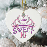Sweet Sixteen Birthday Custom Pink Heart Christmas Ceramic Tree Decoration<br><div class="desc">Personalised pretty sweet sixteen birthday gift Christmas ornament with a beautiful pink tiara topped with a cute purple heart and your teenage girl's name inside of it. Words Sweet 16 written in beautiful script for your girly teenager.</div>