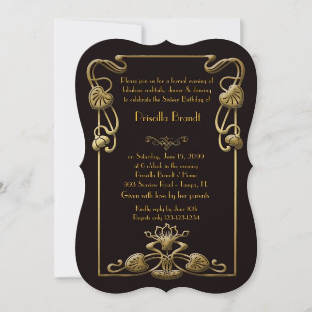 Sweet Sixteen Birthday, Gatsby style, Black & Gold Invitation (Front)