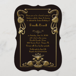 Sweet Sixteen Birthday, Gatsby style, Black & Gold Invitation