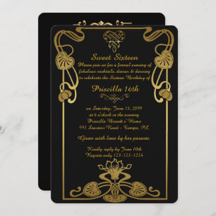 Sweet Sixteen Birthday,Gatsby style, Black-Gold Invitation