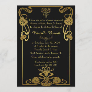 Sweet Sixteen Birthday, Gatsby style, black & Gold Invitation