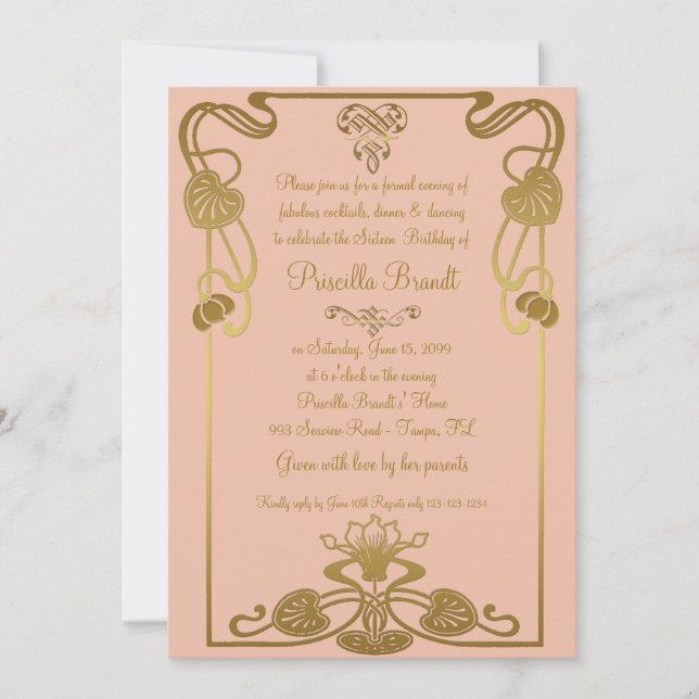 Sweet Sixteen Birthday, Gatsby style, Peach & Gold Invitation (Front)