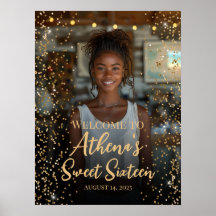 Sweet sixteen birthday gold confetti welcome sign
