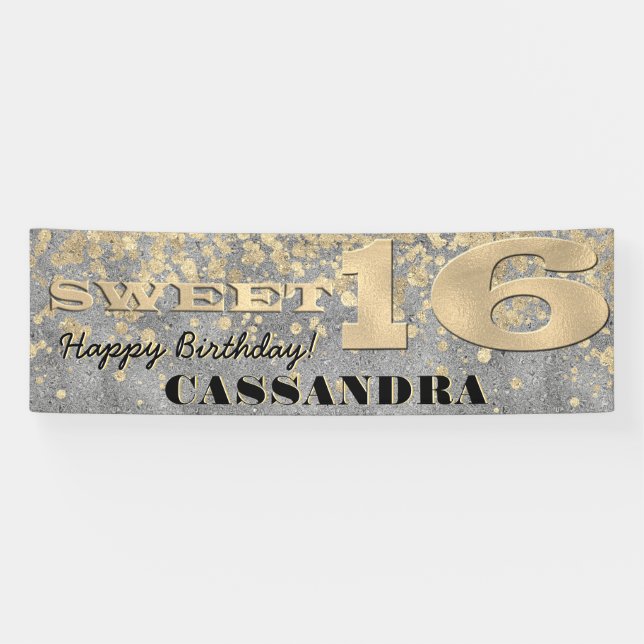 Sweet Sixteen Birthday | Gold Foil and Glitter Banner (Horizontal)