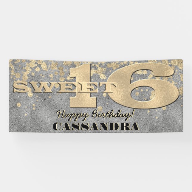 Sweet Sixteen Birthday | Gold Foil and Glitter Banner (Horizontal)