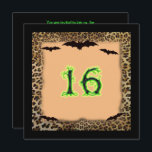 Sweet Sixteen Birthday, Halloween, Bats Invitation<br><div class="desc">Sweet Sixteen Birthday Party Invitation. A Halloween theme with  black bats on a leopard  frame.  The number 16 is extra creepy in Neon Green tree branches,  funky text. Text on reverse can be customised to your needs. Background colour on back can also be changed to your favourite colour.</div>