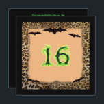 Sweet Sixteen Birthday, Halloween, Bats Invitation<br><div class="desc">Sweet Sixteen Birthday Party Invitation. A Halloween theme with  black bats on a leopard  frame.  The number 16 is extra creepy in Neon Green tree branches,  funky text. Text on reverse can be customised to your needs. Background colour on back can also be changed to your favourite colour.</div>