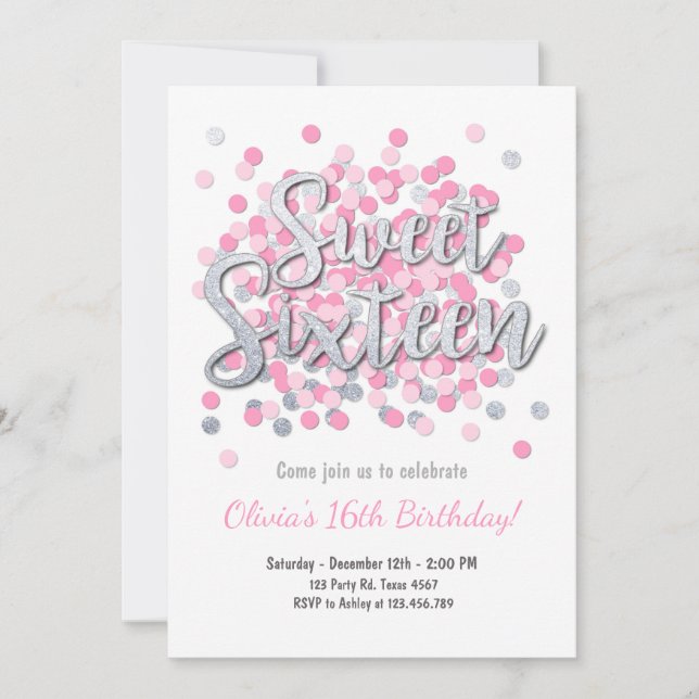 Sweet Sixteen birthday invitation Girl Pink Silver (Front)