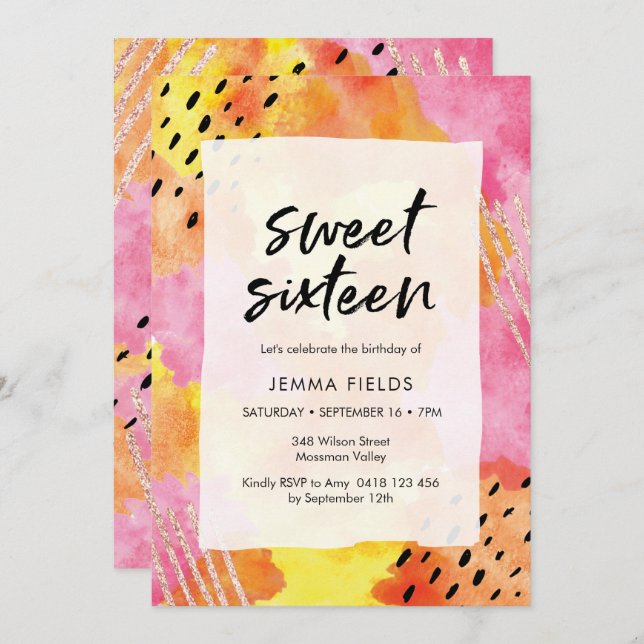 Sweet Sixteen Birthday Invitation | pink abstract (Front/Back)