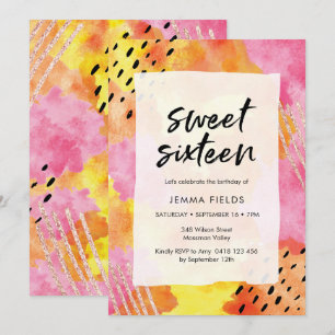 Sweet Sixteen Birthday Invitation   pink abstract