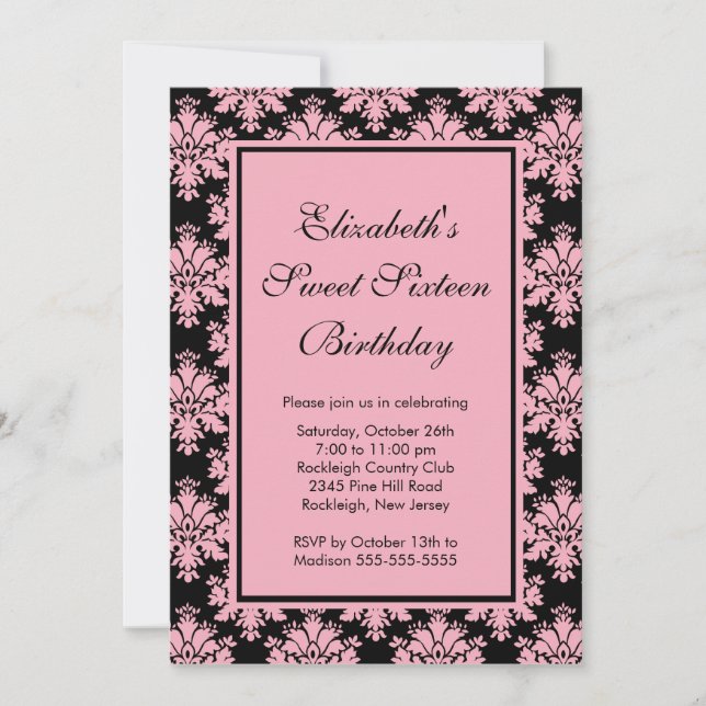 Sweet Sixteen Birthday Invitation Pink Damask (Front)