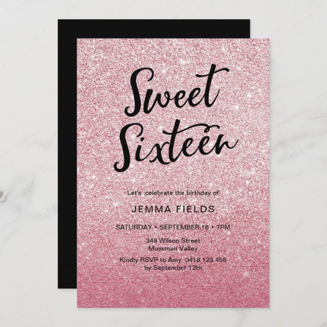 Sweet Sixteen Birthday Invitation pink glitter (Front/Back)